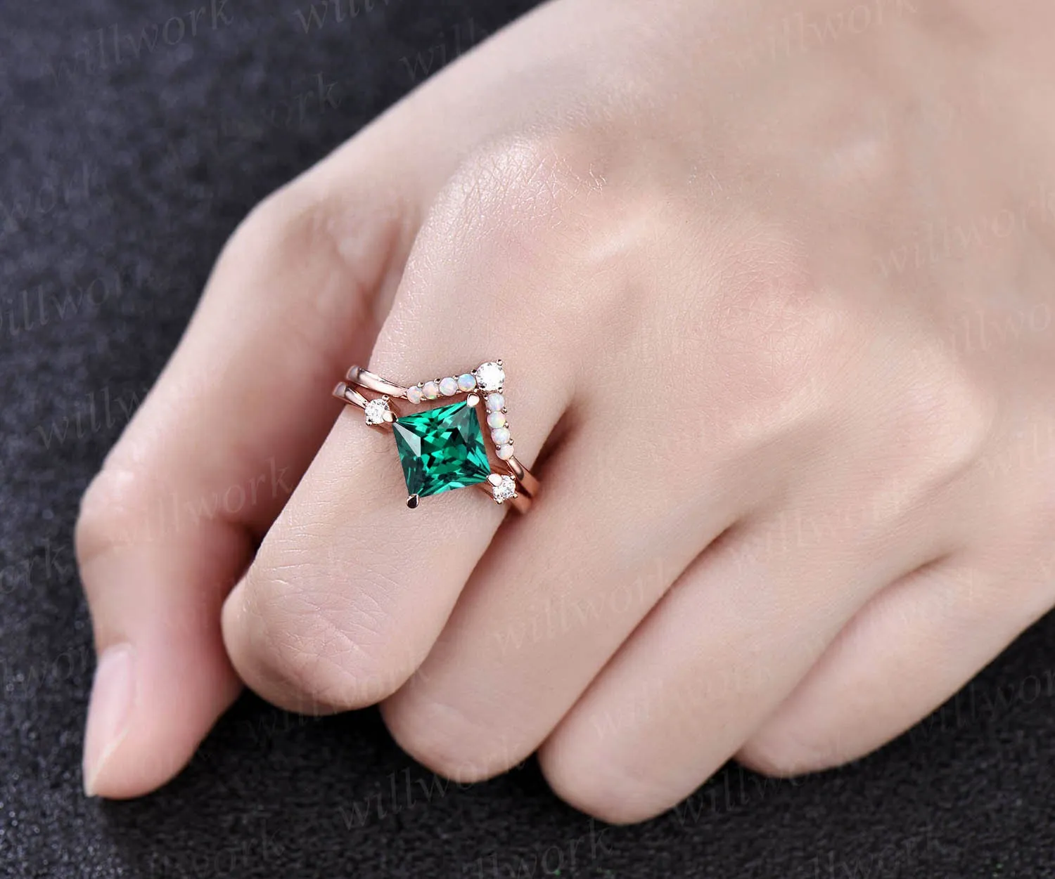 Vintage opal ring rose gold ring set 2pcs princess cut emerald engagement ring set moissanite ring bridal wedding set custom jewelry gift sold by Willwork Jewelry product image thumbnail 2