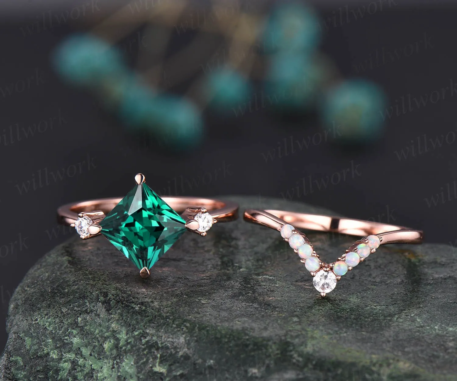 Vintage opal ring rose gold ring set 2pcs princess cut emerald engagement ring set moissanite ring bridal wedding set custom jewelry gift sold by Willwork Jewelry product image thumbnail 3