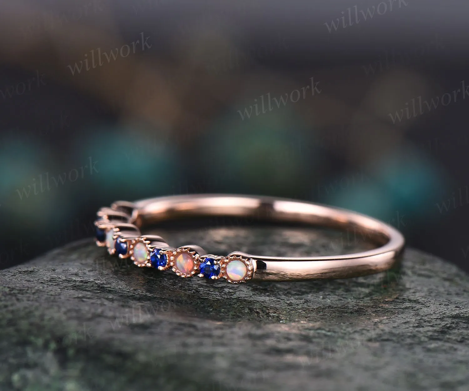 Natural sapphire wedding ring opal wedding band sapphire ring gold opal ring vintage Milgrain wedding ring band bridal anniversary gifts sold by Willwork Jewelry product image thumbnail 4
