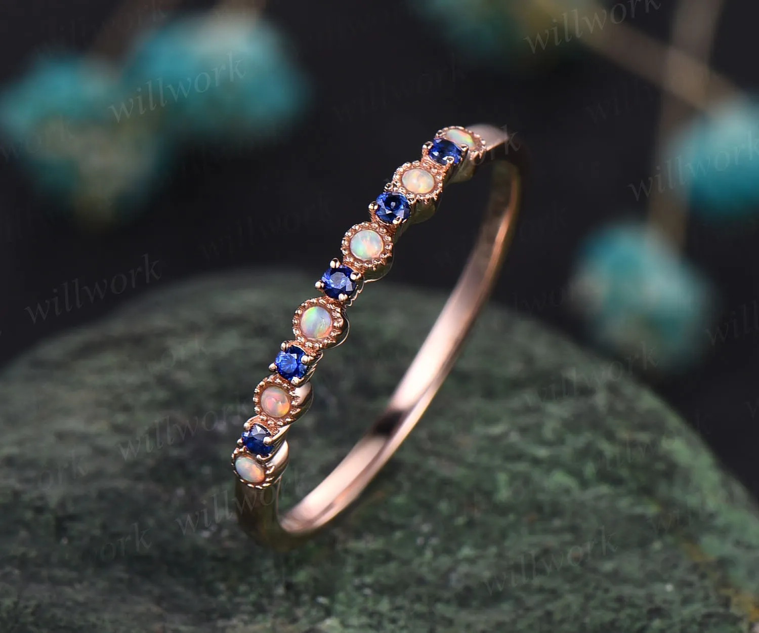 Natural sapphire wedding ring opal wedding band sapphire ring gold opal ring vintage Milgrain wedding ring band bridal anniversary gifts sold by Willwork Jewelry product image thumbnail 3