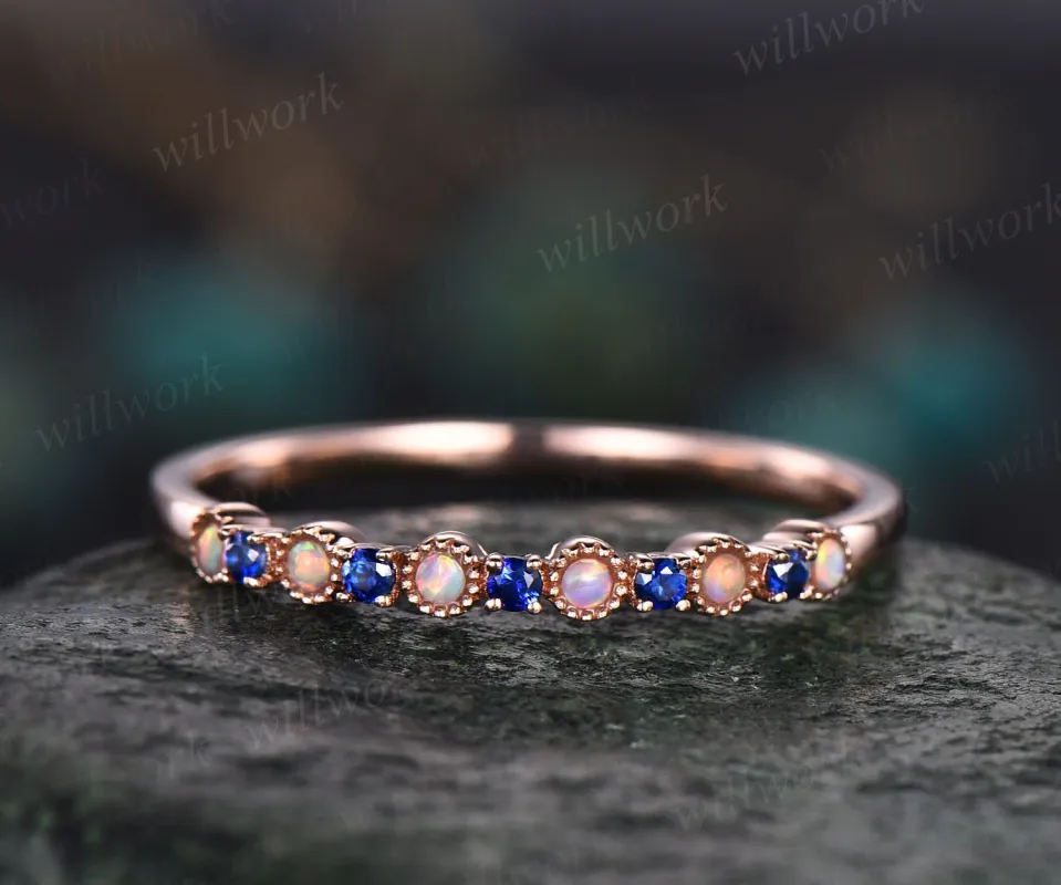Natural sapphire wedding ring opal wedding band sapphire ring gold opal ring vintage Milgrain wedding ring band bridal anniversary gifts sold by Willwork Jewelry