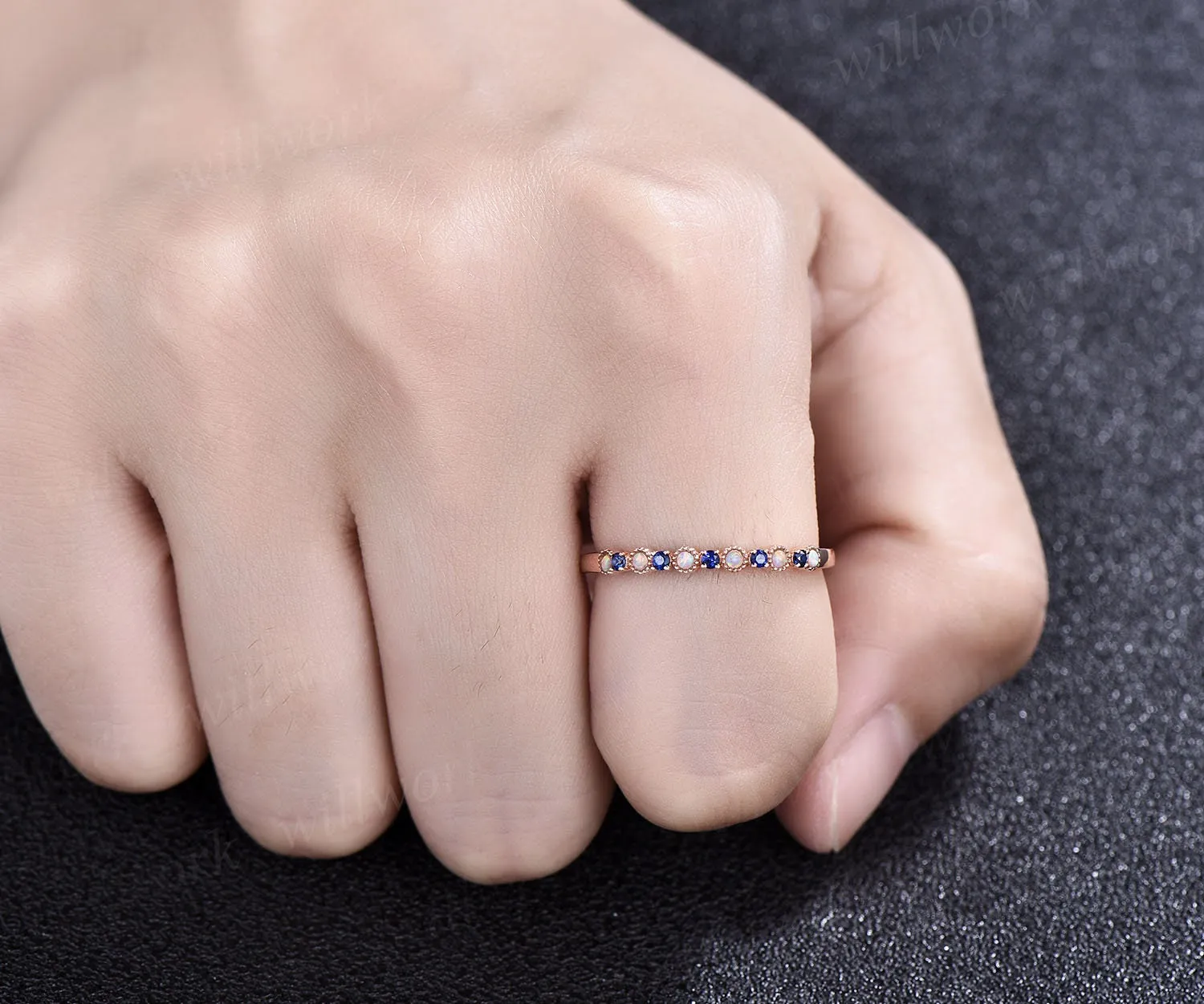 Natural sapphire wedding ring opal wedding band sapphire ring gold opal ring vintage Milgrain wedding ring band bridal anniversary gifts sold by Willwork Jewelry product image thumbnail 2