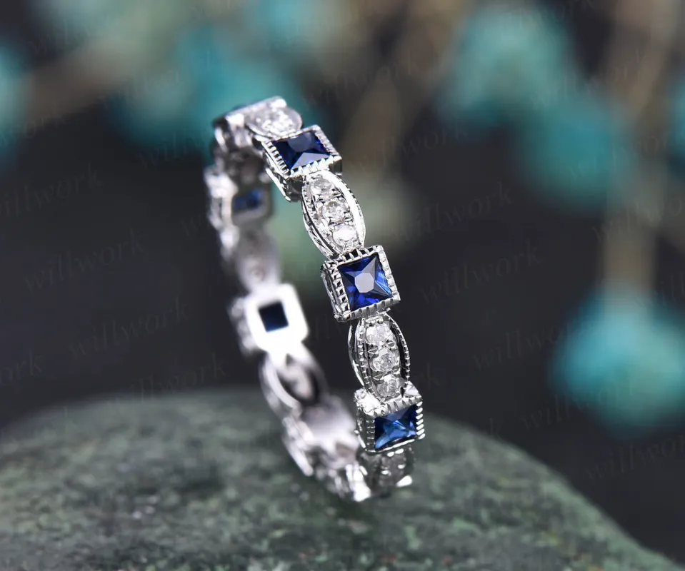 Princess cut natural sapphire wedding ring band art deco full eternity diamond wedding band white yellow rose gold engagement ring antique sold by Willwork Jewelry