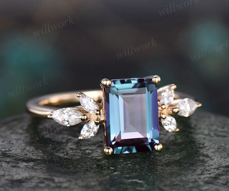 Vintage alexandrite ring gold silver emerald cut Alexandrite engagement ring flower marquise moissanite ring for women anniversary gifts sold by Willwork Jewelry