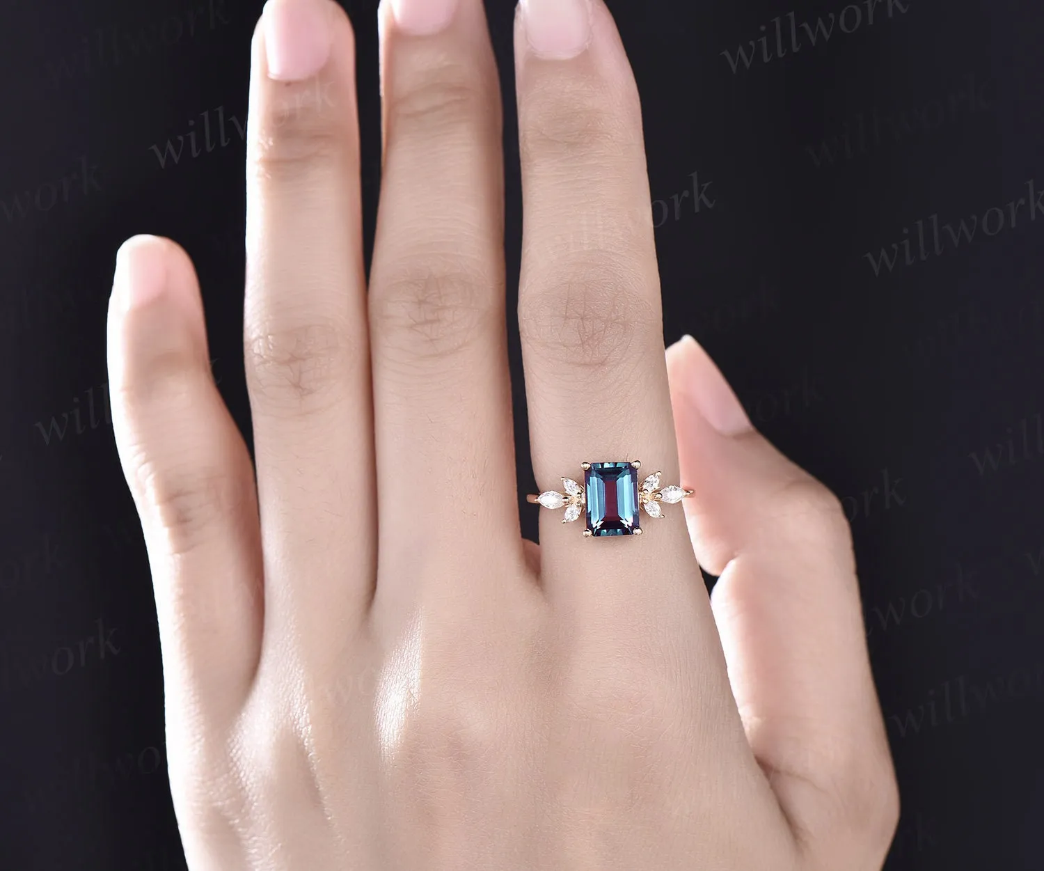 Vintage alexandrite ring gold silver emerald cut Alexandrite engagement ring flower marquise moissanite ring for women anniversary gifts sold by Willwork Jewelry product image thumbnail 2