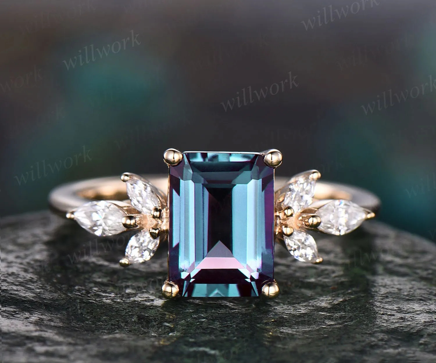 Vintage alexandrite ring gold silver emerald cut Alexandrite engagement ring flower marquise moissanite ring for women anniversary gifts sold by Willwork Jewelry product image thumbnail 3