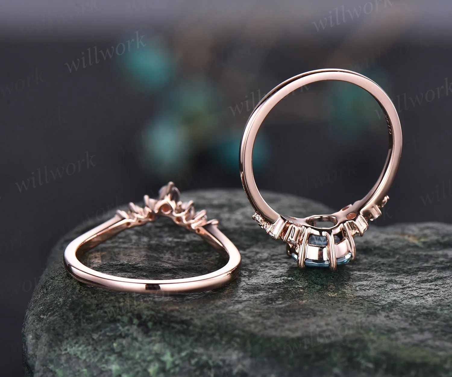 Unique vintage aquamarine engagement ring set cluster dainty moissanite ring rose gold Sterling Silver ring for women March birthstone ring sold by Willwork Jewelry product image thumbnail 5