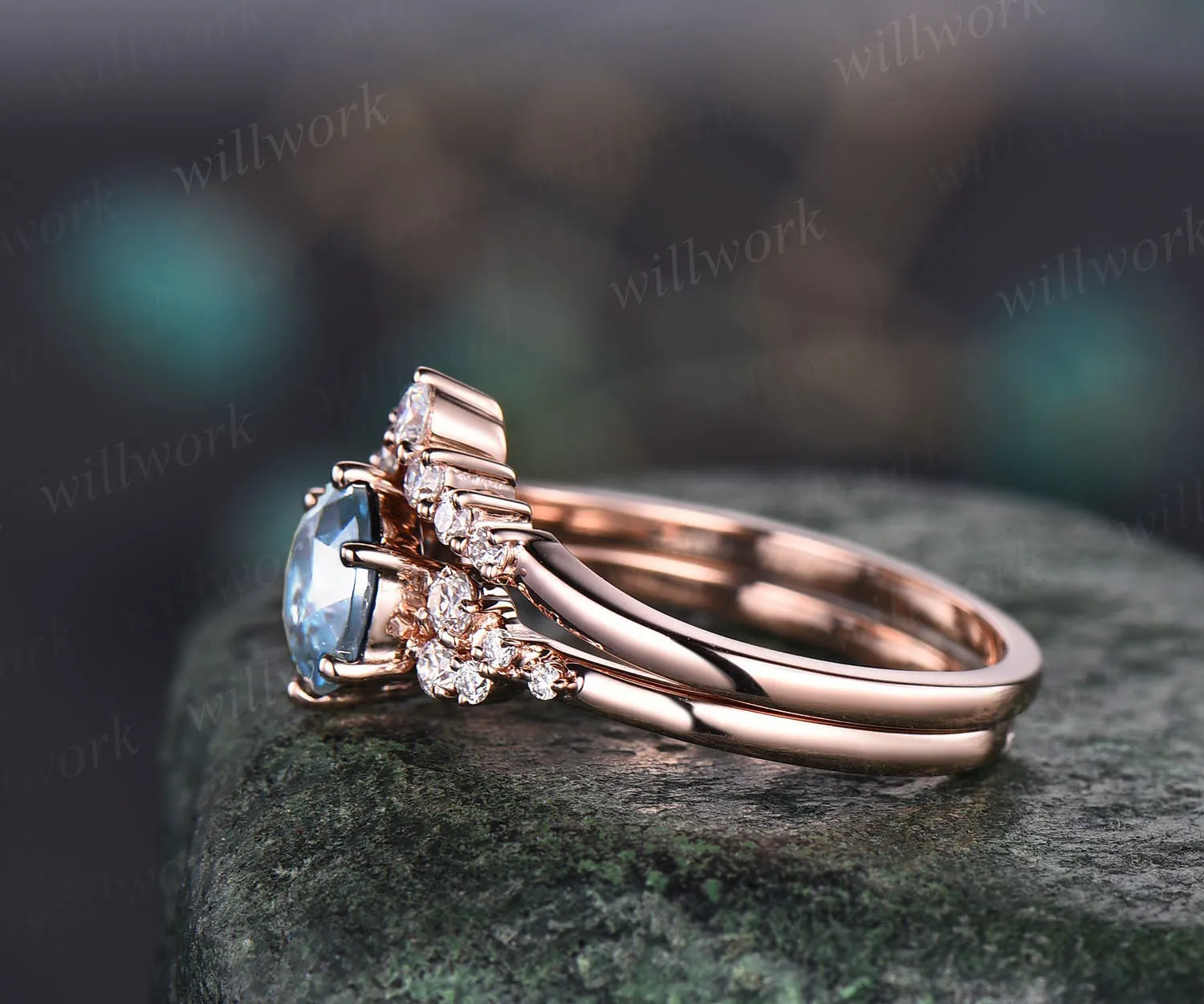 Unique vintage aquamarine engagement ring set cluster dainty moissanite ring rose gold Sterling Silver ring for women March birthstone ring sold by Willwork Jewelry product image thumbnail 4