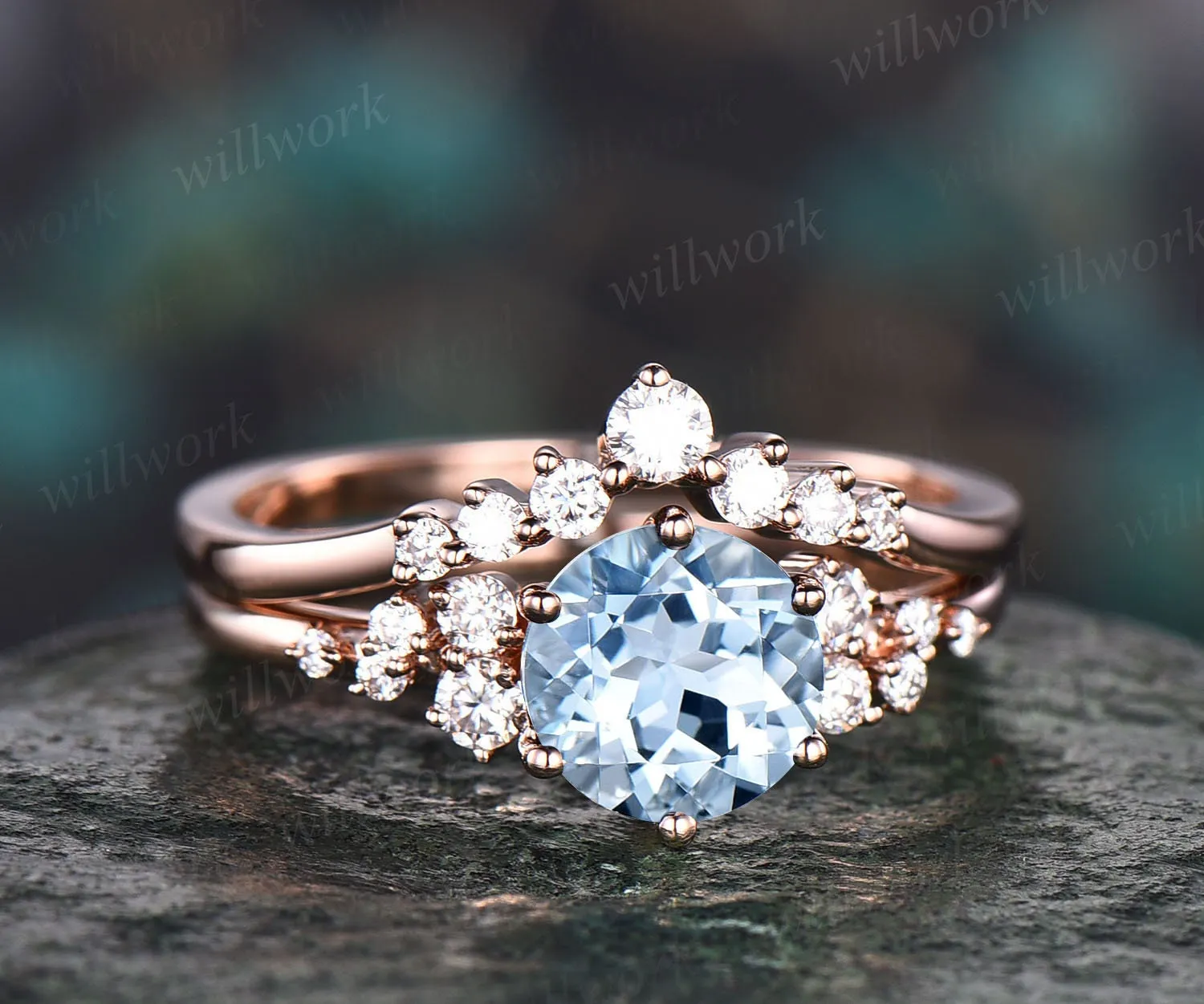 Unique vintage aquamarine engagement ring set cluster dainty moissanite ring rose gold Sterling Silver ring for women March birthstone ring sold by Willwork Jewelry