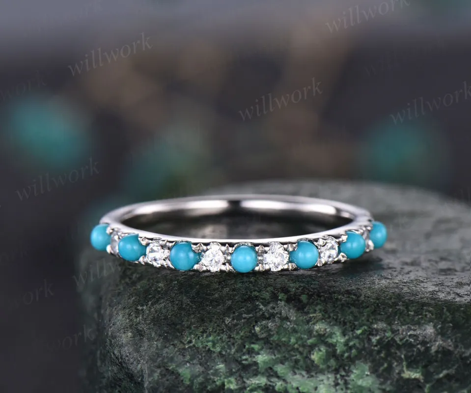 Turquoise wedding ring turquoise wedding band vintage Turquoise ring white gold silver ring for women eternity bridal annniversary ring gift made by Willwork Jewelry