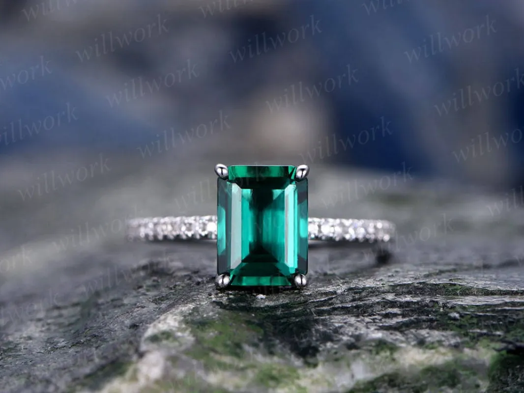 Emerald cut emerald engagement ring 14k white gold diamond ring full eternity stacking vintage unique gift wedding promise ring for her sold by Willwork Jewelry