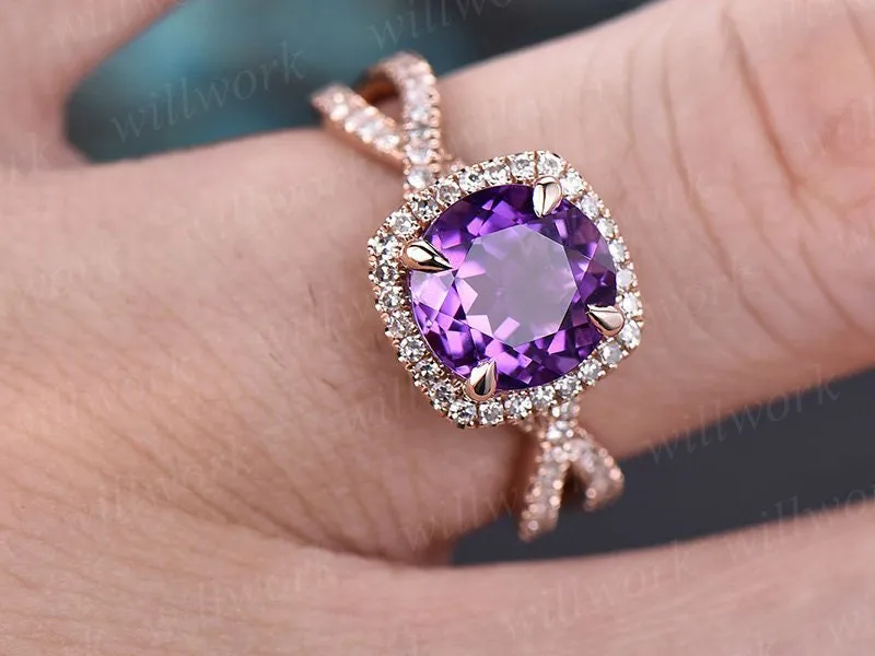 Amethyst engagement ring rose gold diamond halo ring February birthstone infinity twisted unique jewelry anniversary wedding promise ring sold by Willwork Jewelry product image thumbnail 2