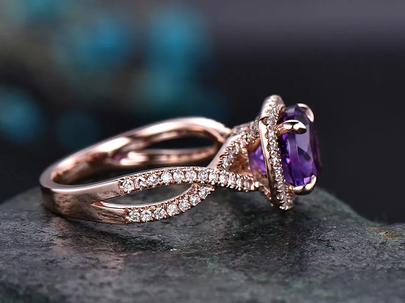 Amethyst engagement ring rose gold diamond halo ring February birthstone infinity twisted unique jewelry anniversary wedding promise ring sold by Willwork Jewelry product image thumbnail 3