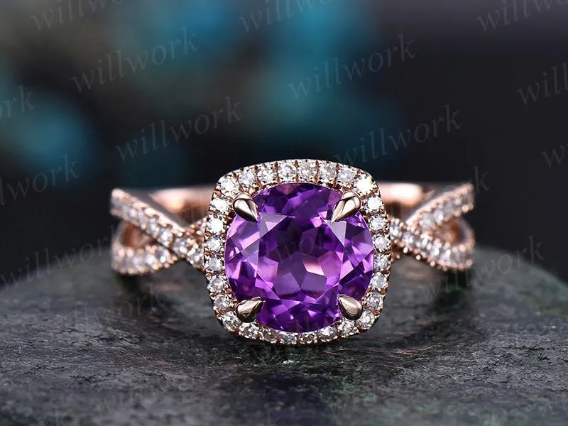 Amethyst engagement ring rose gold diamond halo ring February birthstone infinity twisted unique jewelry anniversary wedding promise ring sold by Willwork Jewelry