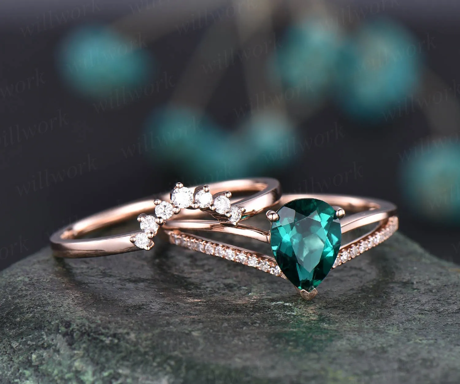 Vintage unique engagement ring 2pcs 6x8mm emerald engagement ring set 14k rose gold split shank diamond moissanite band May birthstone ring sold by Willwork Jewelry product image thumbnail 3