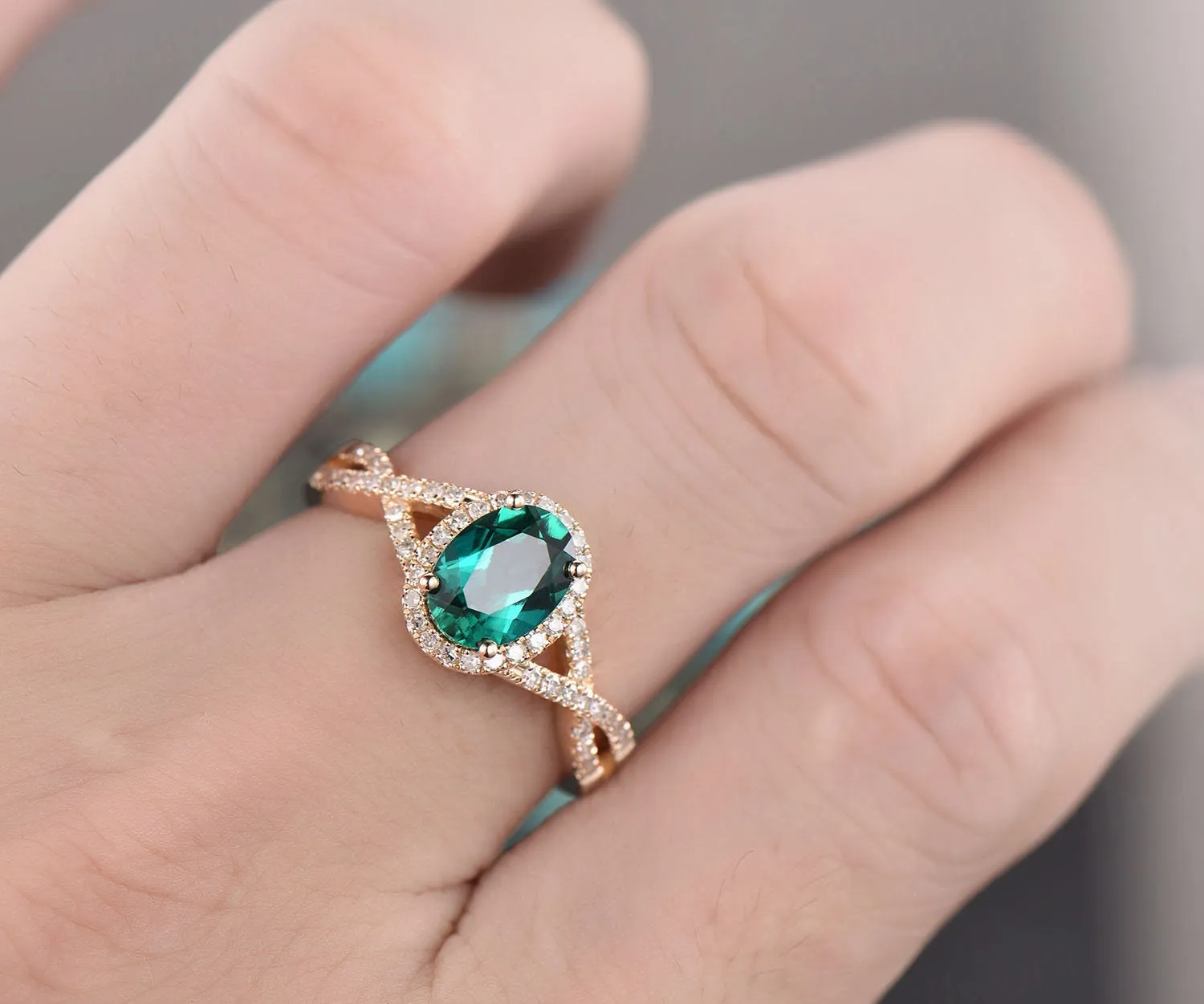 Green emerald ring vintage emerald engagement ring yellow gold diamond halo ring may birthstone infinity unique jewelry wedding bridal ring sold by Willwork Jewelry product image thumbnail 2