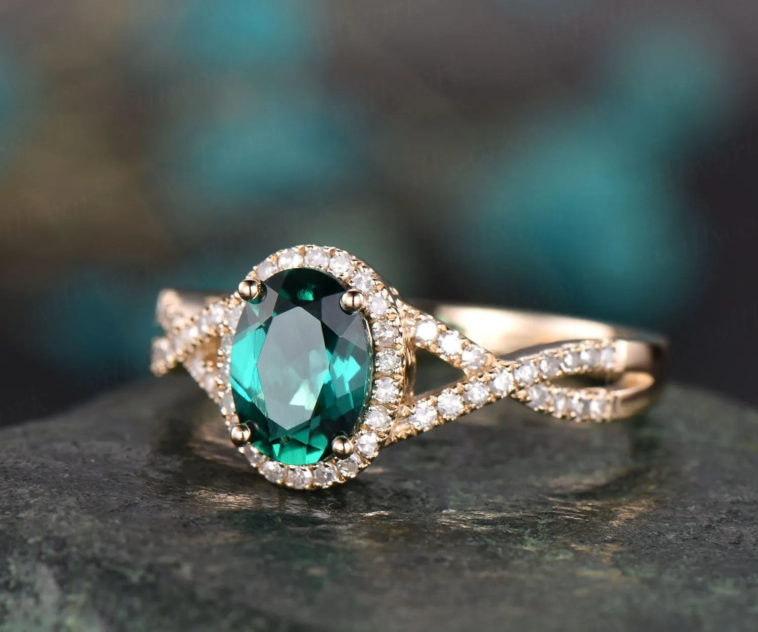 Green emerald ring vintage emerald engagement ring yellow gold diamond halo ring may birthstone infinity unique jewelry wedding bridal ring sold by Willwork Jewelry product image thumbnail 3
