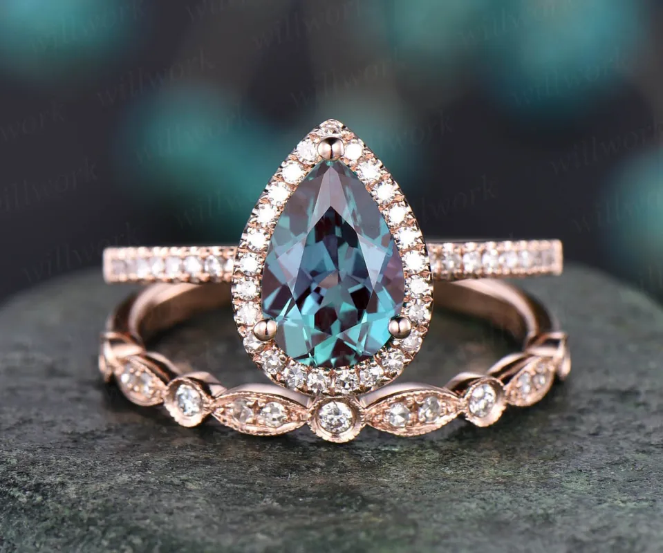 2pcs Alexandrite wedding bridal set pear Alexandrite engagement ring set rose gold art deco stacking matching diamond ring unique jewelry sold by Willwork Jewelry