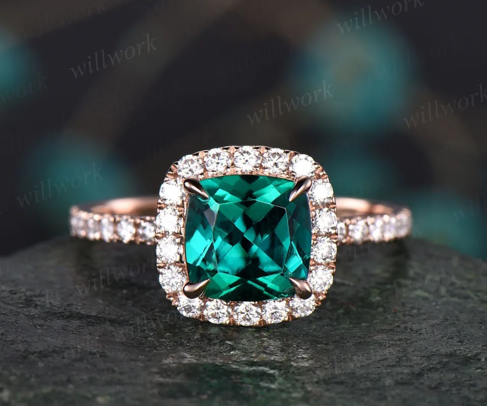 7mm cushion cut emerald engagement ring solid 14k rose gold moissanite halo ring emerald ring gold vintage bridal wedding promise ring sold by Willwork Jewelry