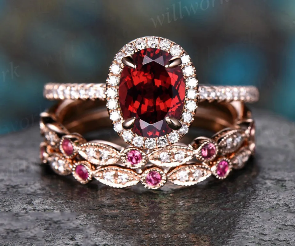 Unique engagement ring set oval garnet engagement ring set vintage natural ruby ring art deco diamond ring set 14k rose gold for women gift sold by Willwork Jewelry
