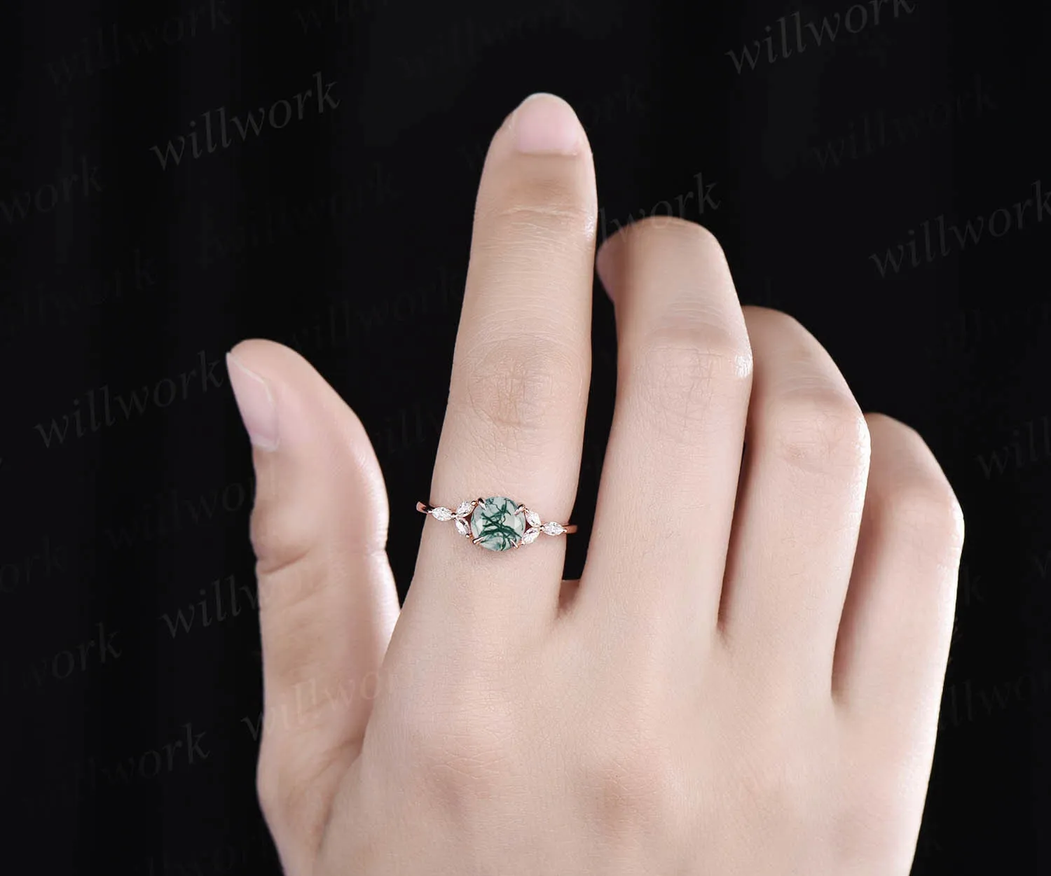Round moss agate engagement ring art deco moissanite ring rose gold ring for women marquise ring unique vintage best engagement ring gift sold by Willwork Jewelry product image thumbnail 2
