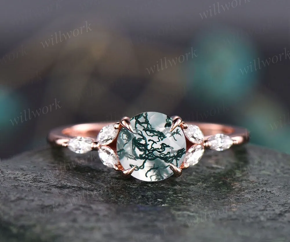 Round moss agate engagement ring art deco moissanite ring rose gold ring for women marquise ring unique vintage best engagement ring gift sold by Willwork Jewelry product image thumbnail 3