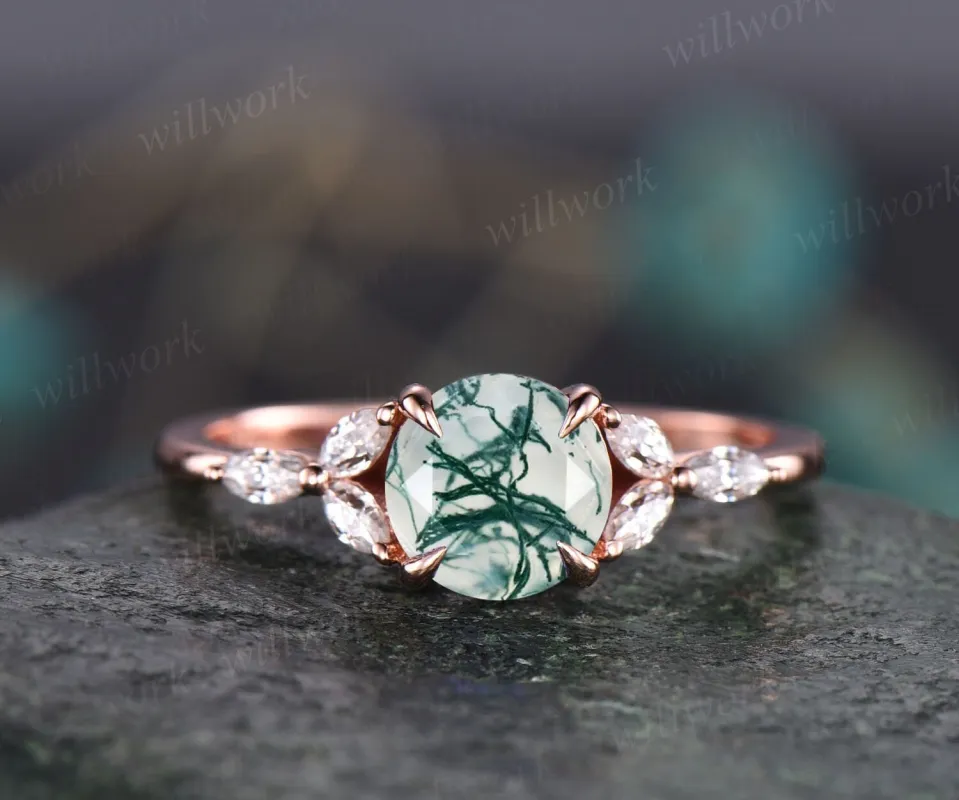Round moss agate engagement ring art deco moissanite ring rose gold ring for women marquise ring unique vintage best engagement ring gift made by Willwork Jewelry