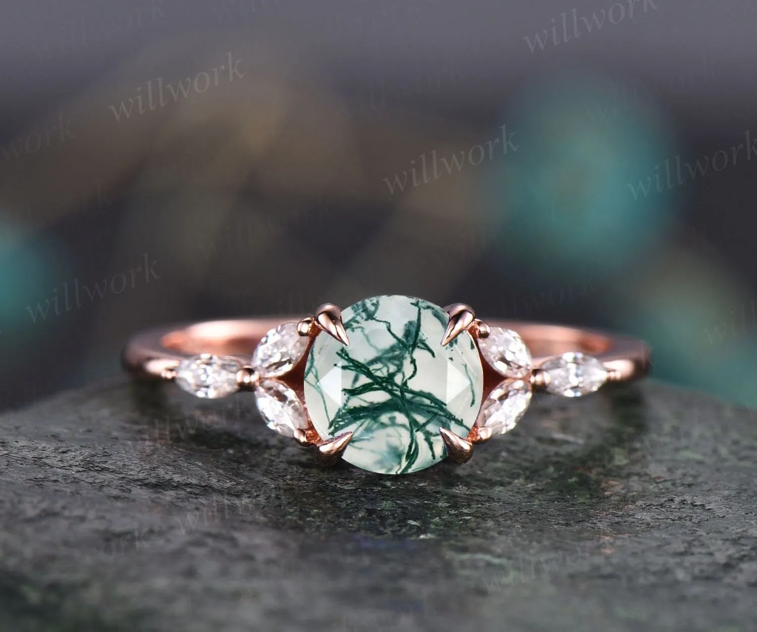 Round moss agate engagement ring art deco moissanite ring rose gold ring for women marquise ring unique vintage best engagement ring gift sold by Willwork Jewelry