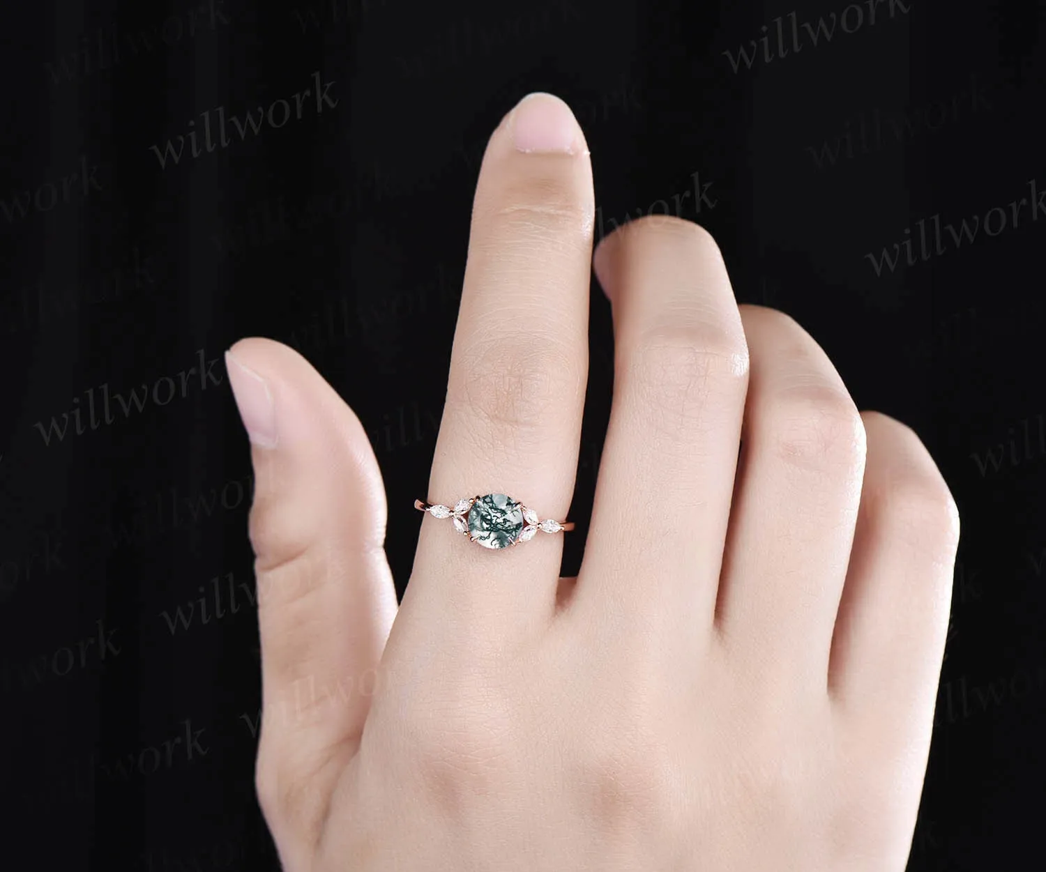 Round moss agate engagement ring art deco moissanite ring rose gold ring for women marquise ring unique vintage best engagement ring gift sold by Willwork Jewelry product image thumbnail 4