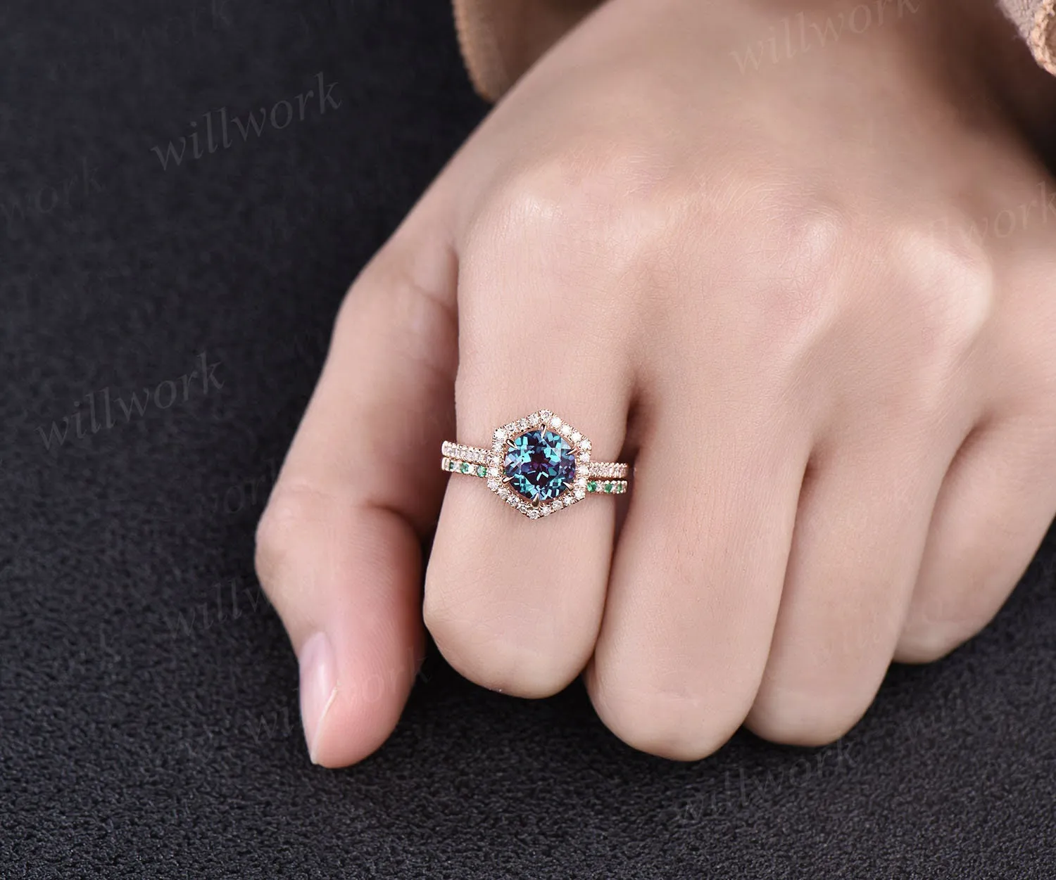 Hexagon halo diamond ring round shaped Alexandrite engagement ring set for women natural emerald wedding band jewelry unique bridal set gift sold by Willwork Jewelry product image thumbnail 2