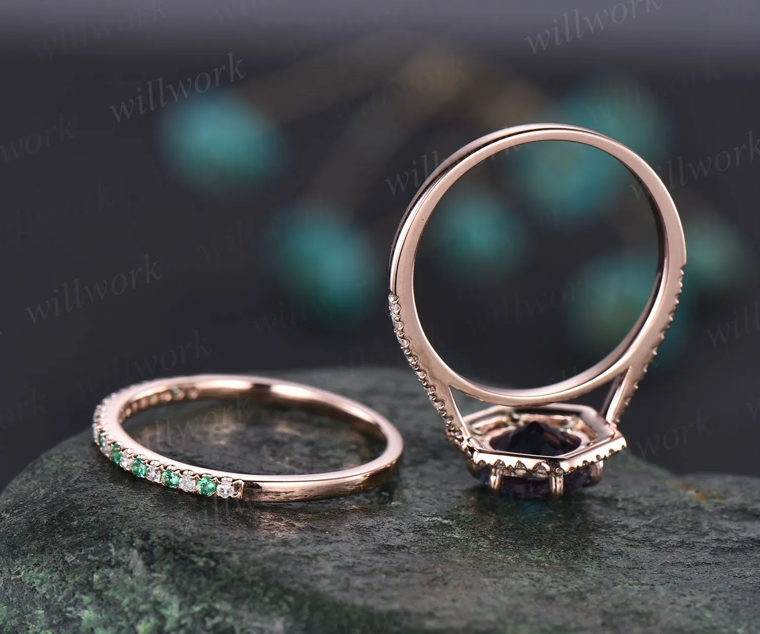 Hexagon halo diamond ring round shaped Alexandrite engagement ring set for women natural emerald wedding band jewelry unique bridal set gift sold by Willwork Jewelry product image thumbnail 5
