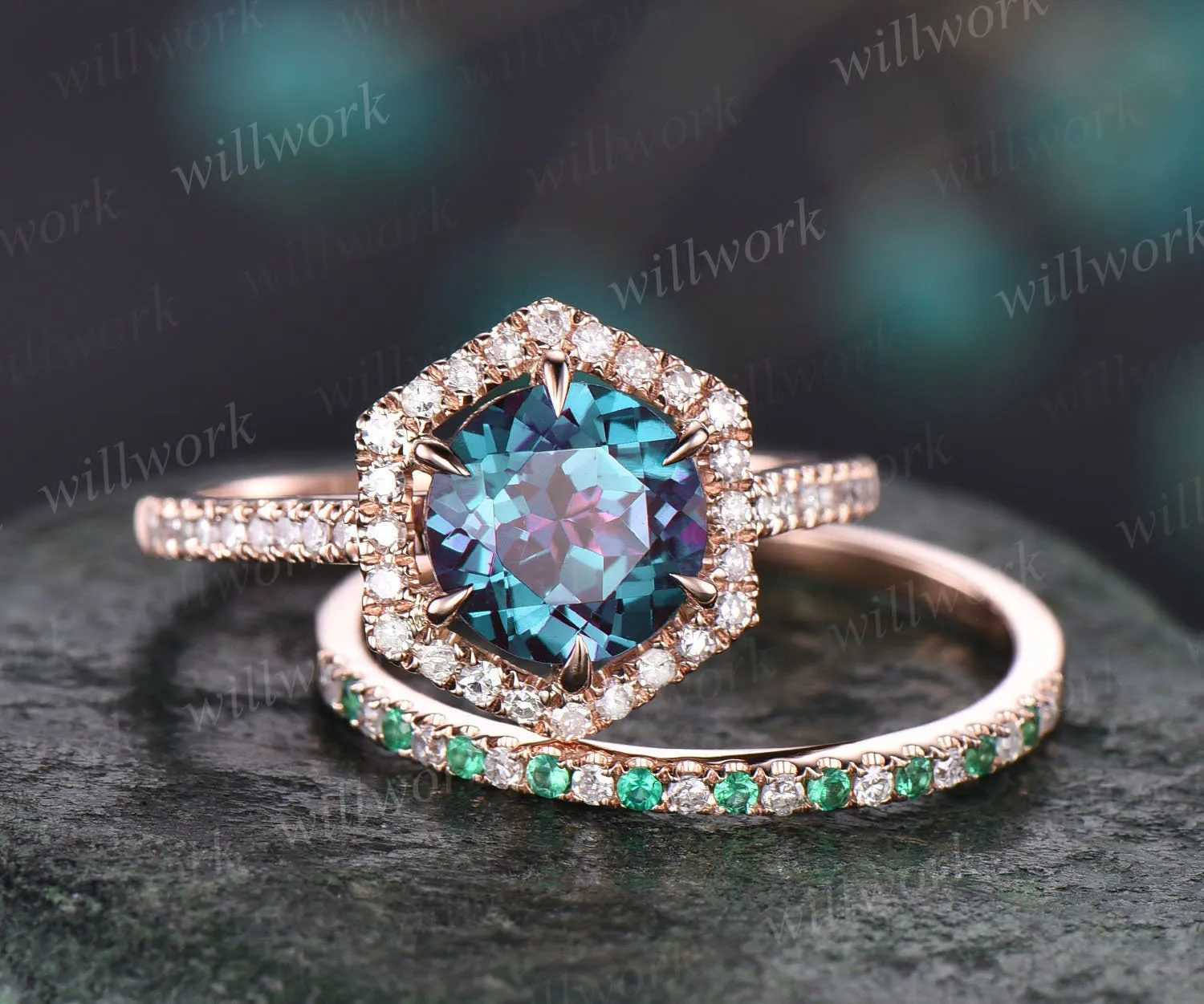 Hexagon halo diamond ring round shaped Alexandrite engagement ring set for women natural emerald wedding band jewelry unique bridal set gift sold by Willwork Jewelry product image thumbnail 3