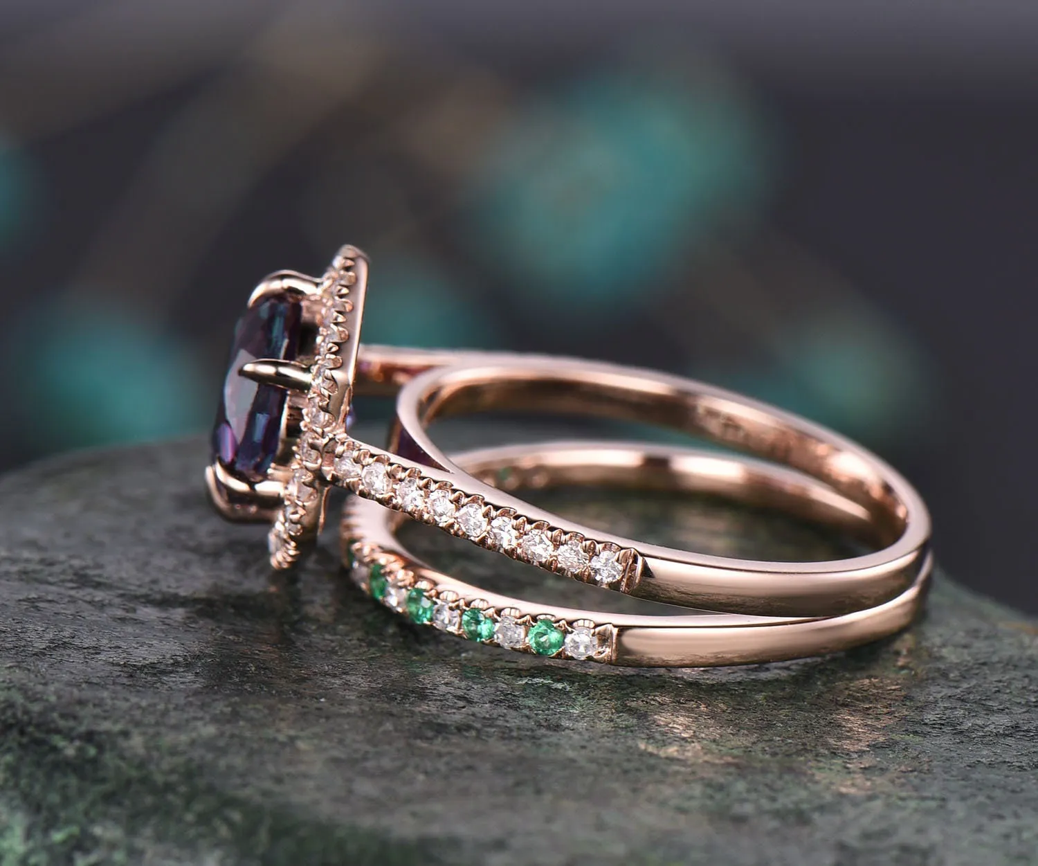 Hexagon halo diamond ring round shaped Alexandrite engagement ring set for women natural emerald wedding band jewelry unique bridal set gift sold by Willwork Jewelry product image thumbnail 4