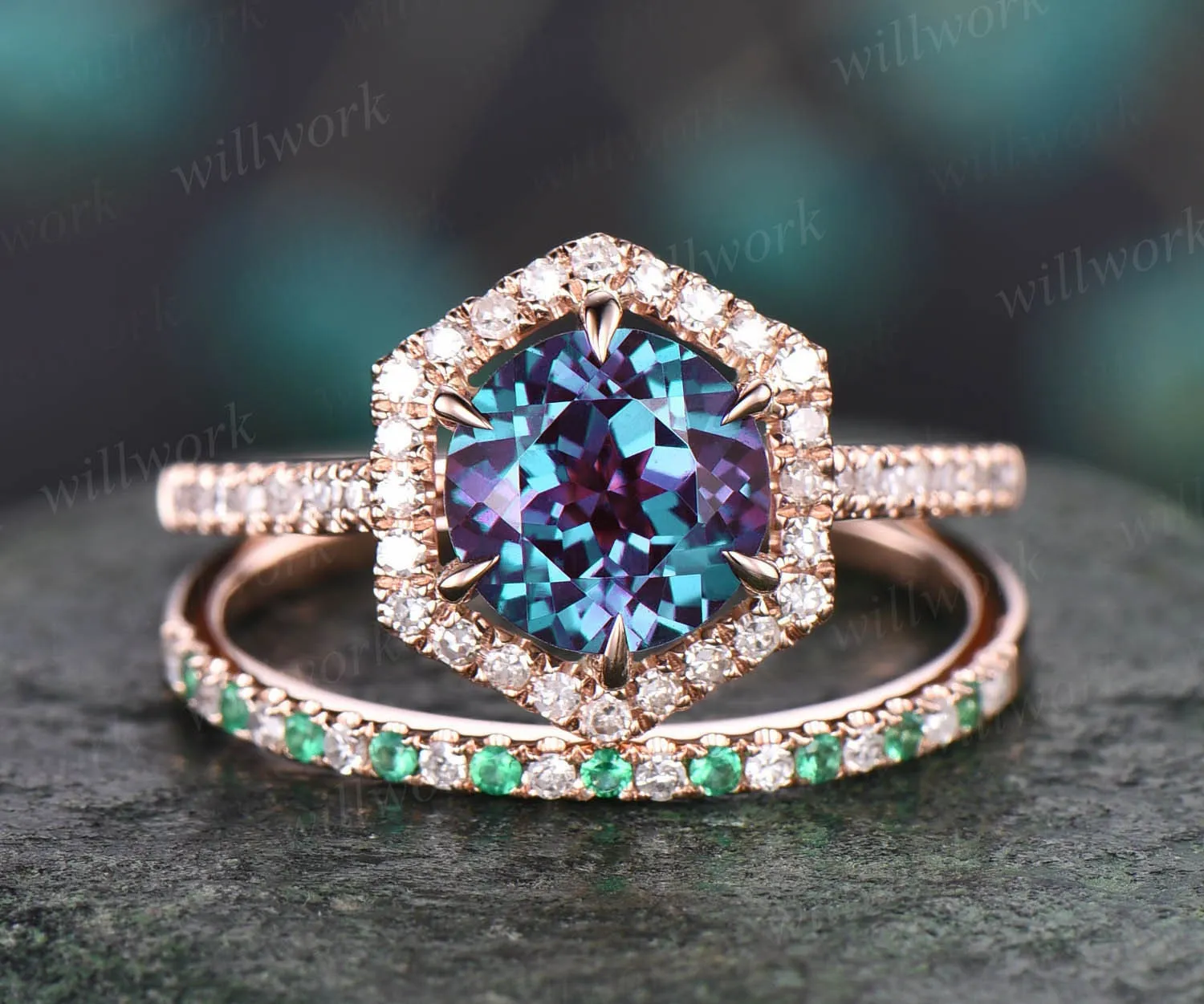 Hexagon halo diamond ring round shaped Alexandrite engagement ring set for women natural emerald wedding band jewelry unique bridal set gift sold by Willwork Jewelry