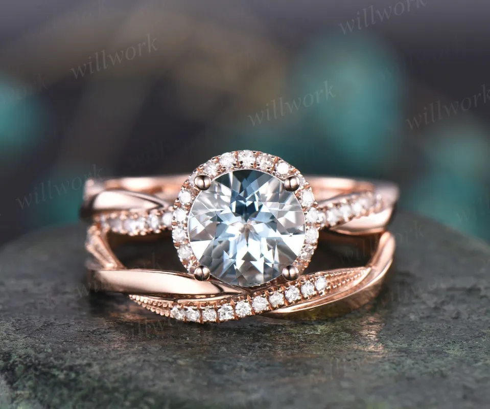 Round aquamarine bridal set rings vintage aquamarine engagement ring set full eternity diamond halo ring set March birthstone ring jewelry sold by Willwork Jewelry