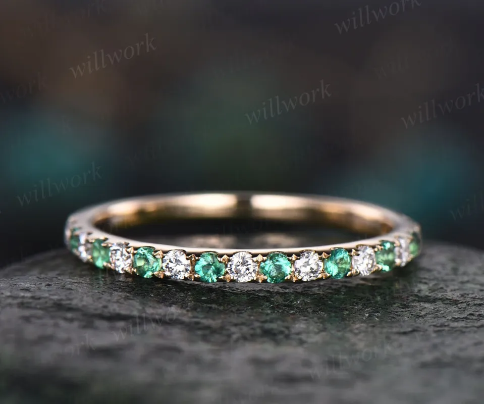 Natural emerald wedding band half eternity diamond wedding ring band diamond ring vintage gold women anniversary ring May birthstone ring sold by Willwork Jewelry