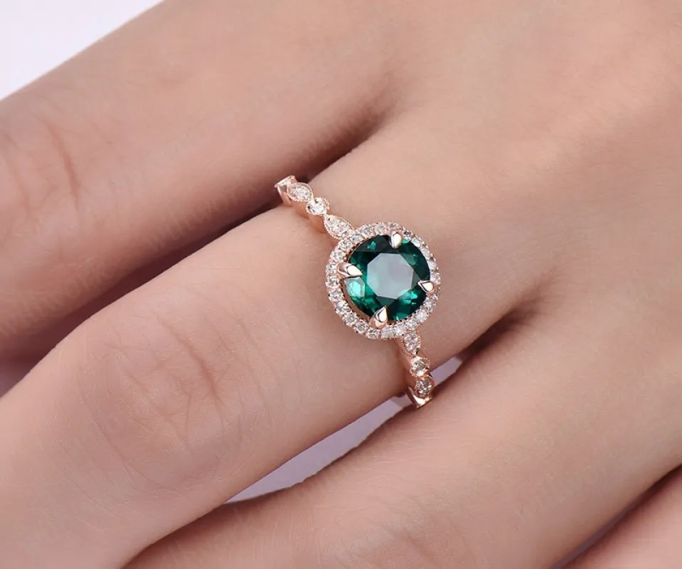 ONLY THE Emerald engagement ring emerald ring gold bridal ring-handmade Diamond Wedding ring stacking ring round cut may birthstone ring sold by Willwork Jewelry
