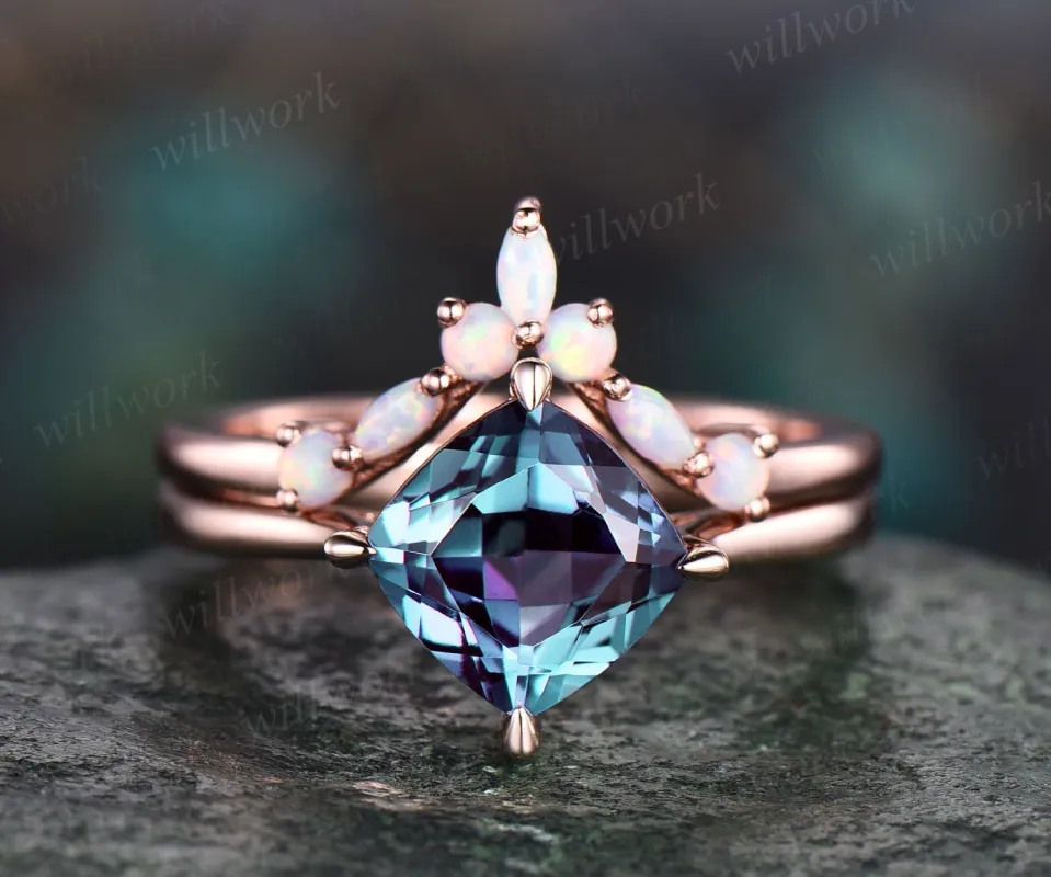 Vintage Alexandrite ring set women cushion cut Alexandrite engagement ring set art deco opal ring band June birthstone ring bridal ring set sold by Willwork Jewelry
