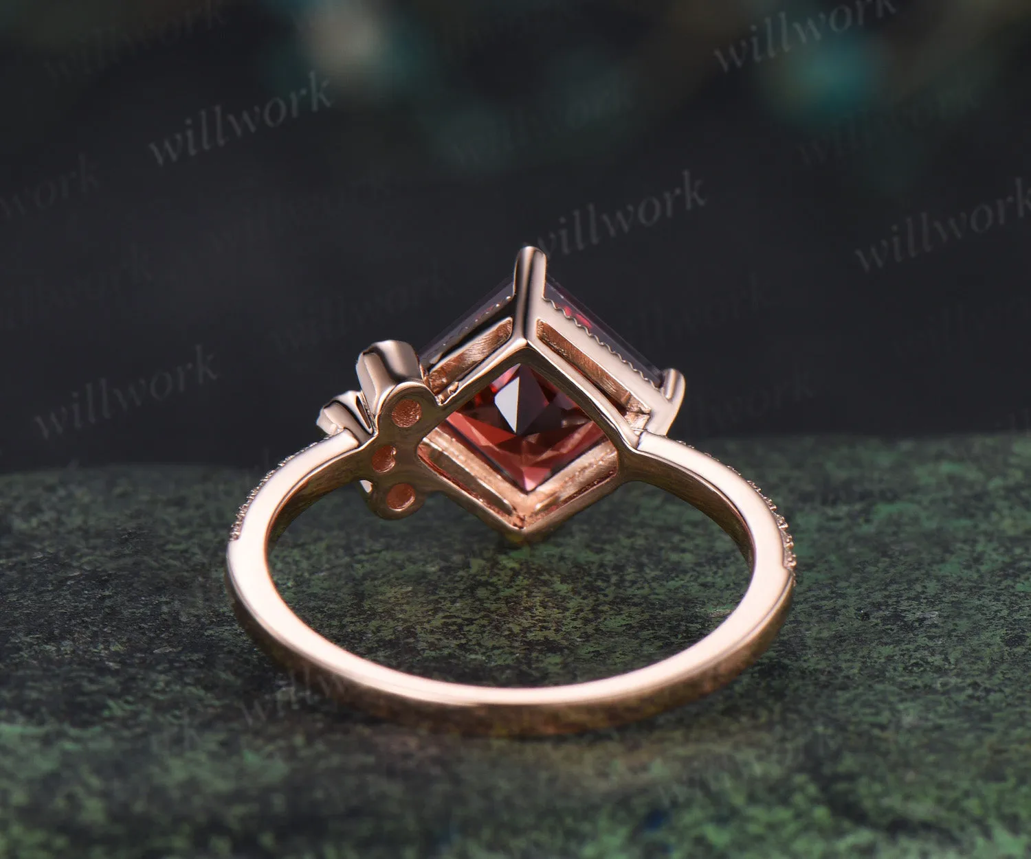 Solid rose gold ring unique vintage engagement ring 7mm princess cut garnet engagement ring diamond January birthstone ring anniversary gift sold by Willwork Jewelry product image thumbnail 4