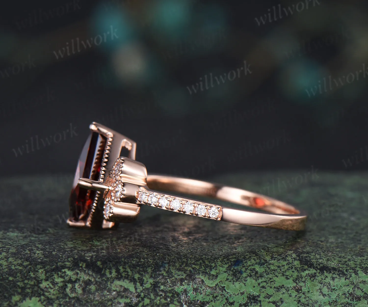 Solid rose gold ring unique vintage engagement ring 7mm princess cut garnet engagement ring diamond January birthstone ring anniversary gift sold by Willwork Jewelry product image thumbnail 3