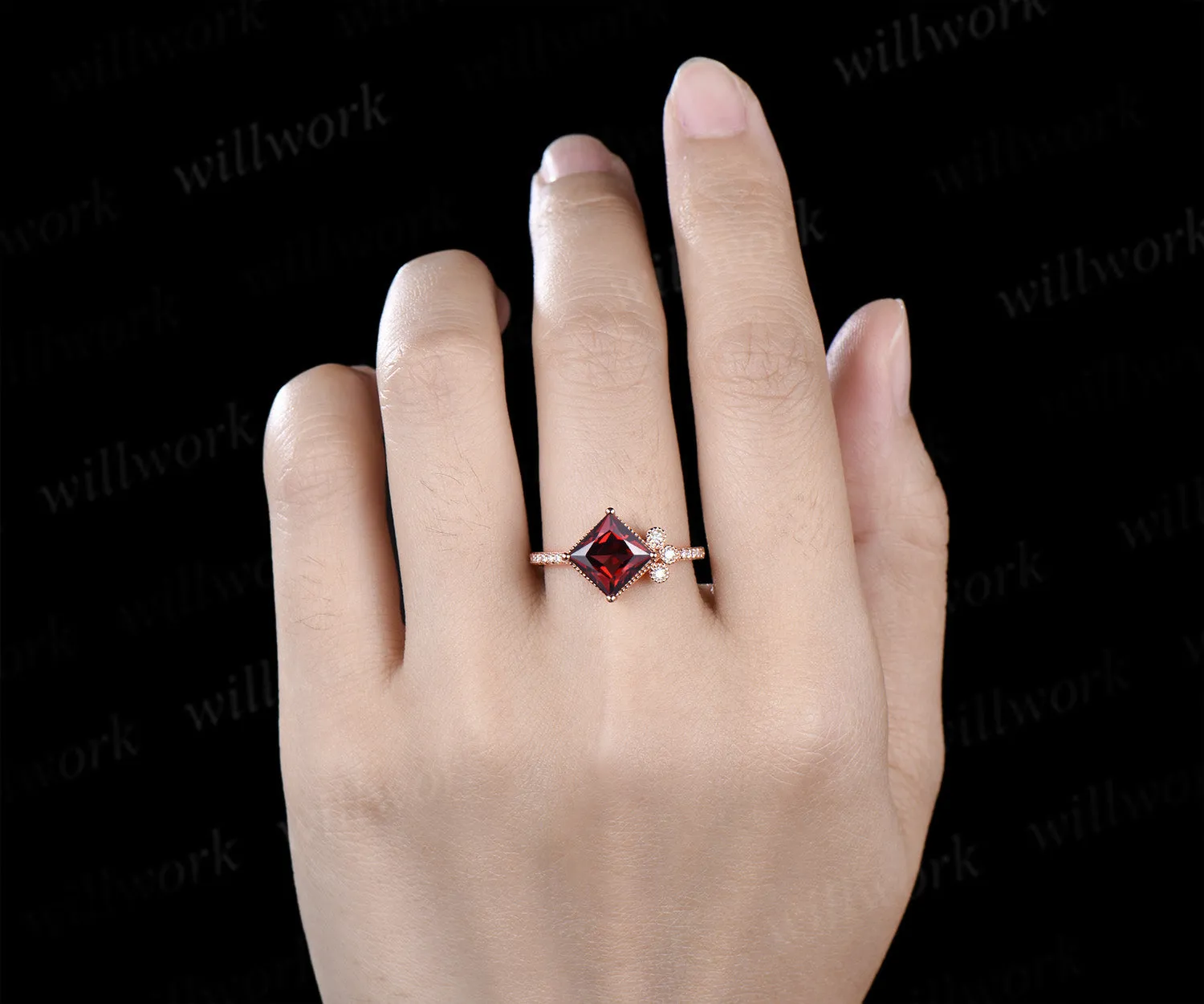 Solid rose gold ring unique vintage engagement ring 7mm princess cut garnet engagement ring diamond January birthstone ring anniversary gift sold by Willwork Jewelry product image thumbnail 5