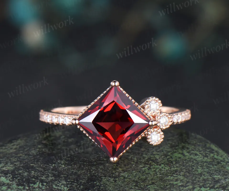 Solid rose gold ring unique vintage engagement ring 7mm princess cut garnet engagement ring diamond January birthstone ring anniversary gift made by Willwork Jewelry