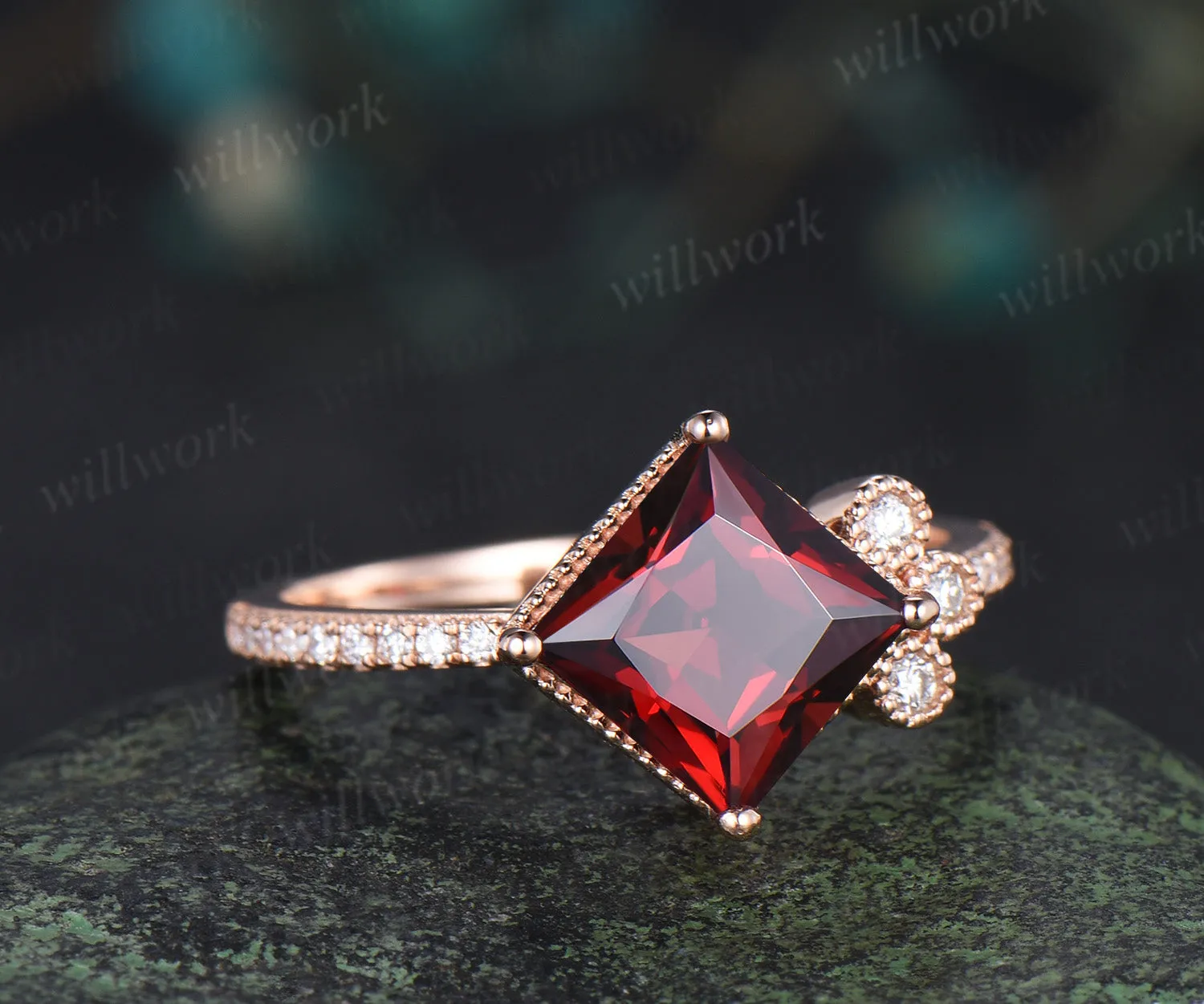 Solid rose gold ring unique vintage engagement ring 7mm princess cut garnet engagement ring diamond January birthstone ring anniversary gift sold by Willwork Jewelry product image thumbnail 2