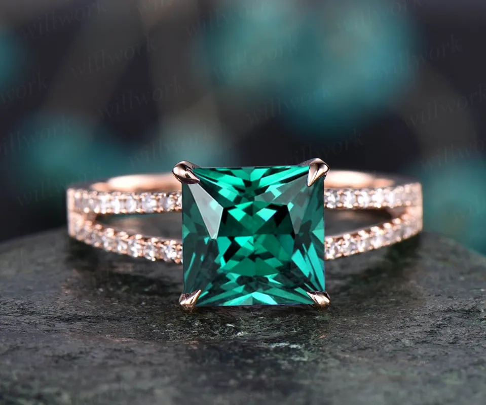 8mm Princess cut emerald engagement ring for women 14k rose gold vintage split shank diamond ring emerald jewelry best engagement ring gift made by Willwork Jewelry