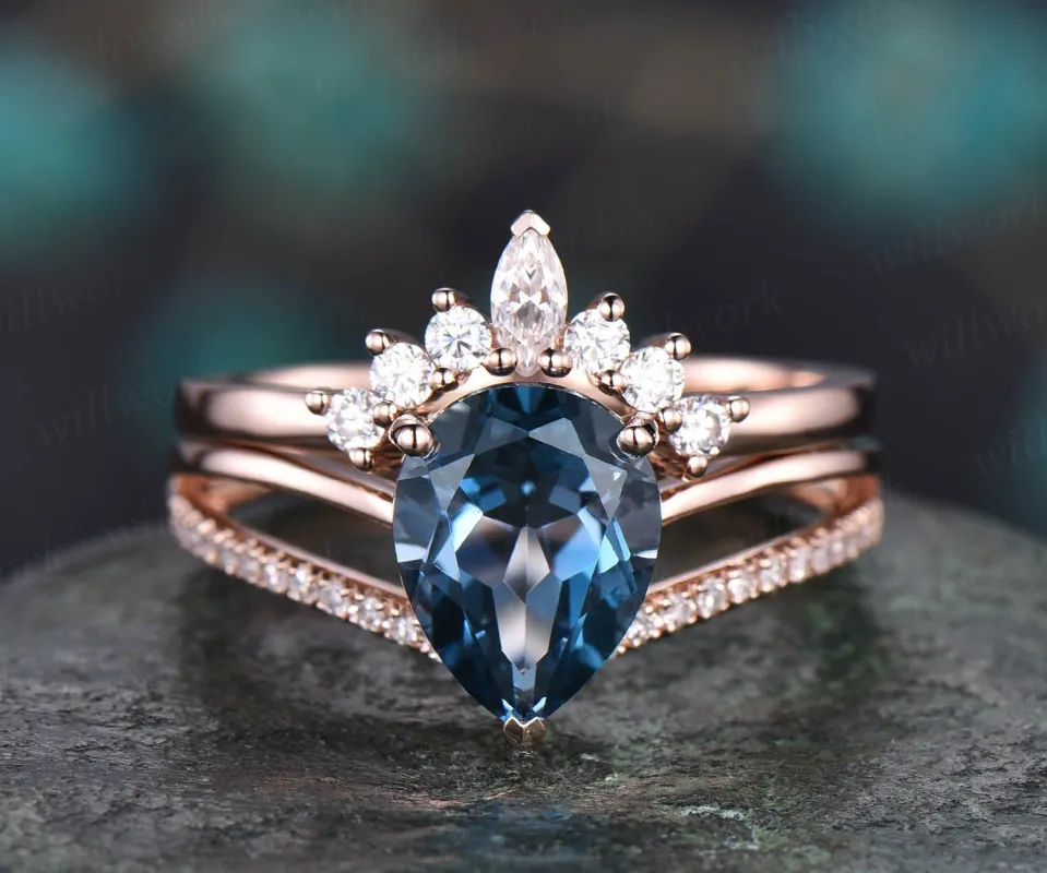 2pc diamond bridal set art deco crown moissanite ring 7x9mm pear London blue topaz engagement ring set rose gold November birthstone ring sold by Willwork Jewelry
