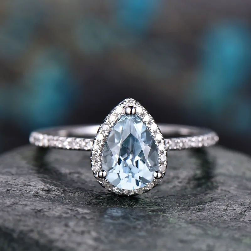 Aquamarine engagement ring-Solid 14k white gold-handmade diamond band ring-Stacking thin ring-6x8mm pear shape gemstone promise ring sold by Willwork Jewelry