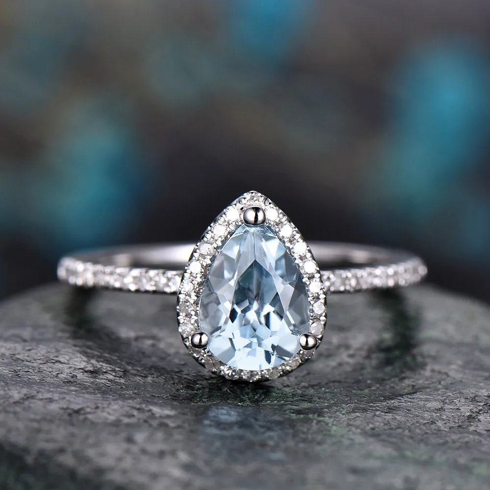 Aquamarine engagement ring-Solid 14k white gold-handmade diamond band ring-Stacking thin ring-6x8mm pear shape gemstone promise ring sold by Willwork Jewelry