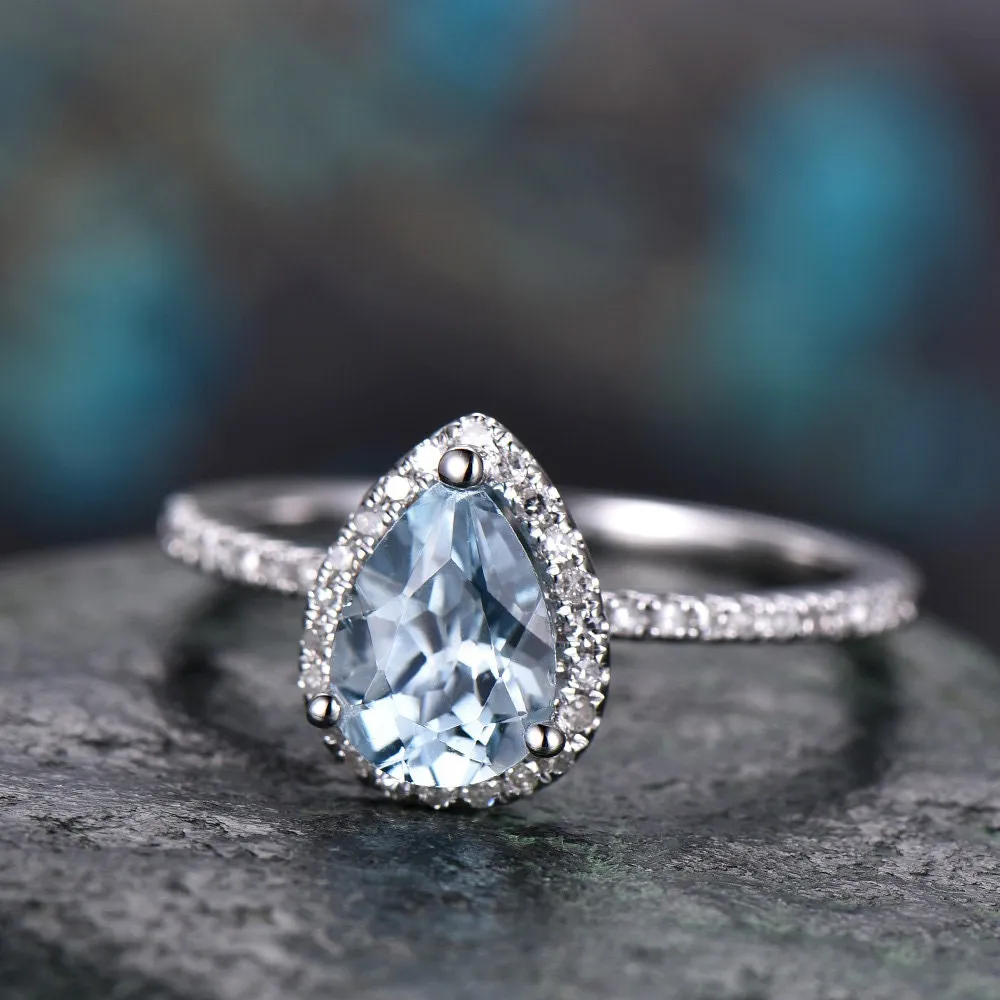 Aquamarine engagement ring-Solid 14k white gold-handmade diamond band ring-Stacking thin ring-6x8mm pear shape gemstone promise ring sold by Willwork Jewelry product image thumbnail 4