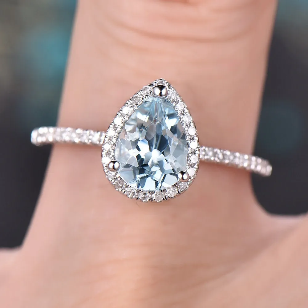 Aquamarine engagement ring-Solid 14k white gold-handmade diamond band ring-Stacking thin ring-6x8mm pear shape gemstone promise ring sold by Willwork Jewelry product image thumbnail 2
