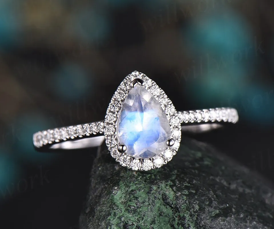 Natural moonstone ring gold moonstone engagement ring solid 14k white gold handmade diamond ring women gift bridal wedding ring fine jewelry sold by Willwork Jewelry